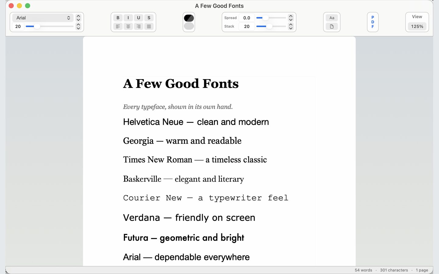 A type specimen document with each line set in a different typeface, previewed in its own design