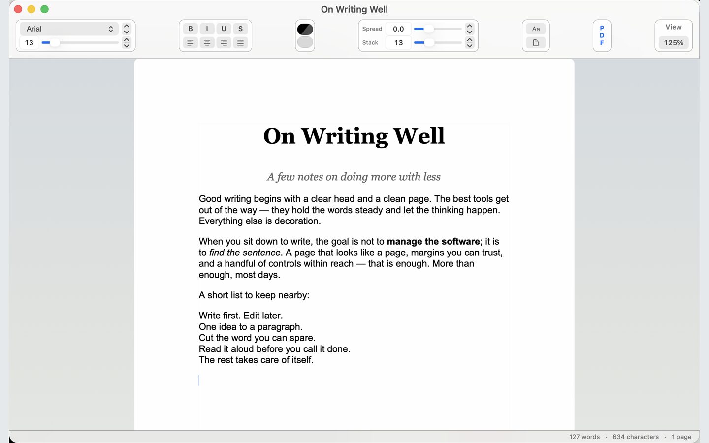 Clario Write showing a clean, formatted document with its toolbar