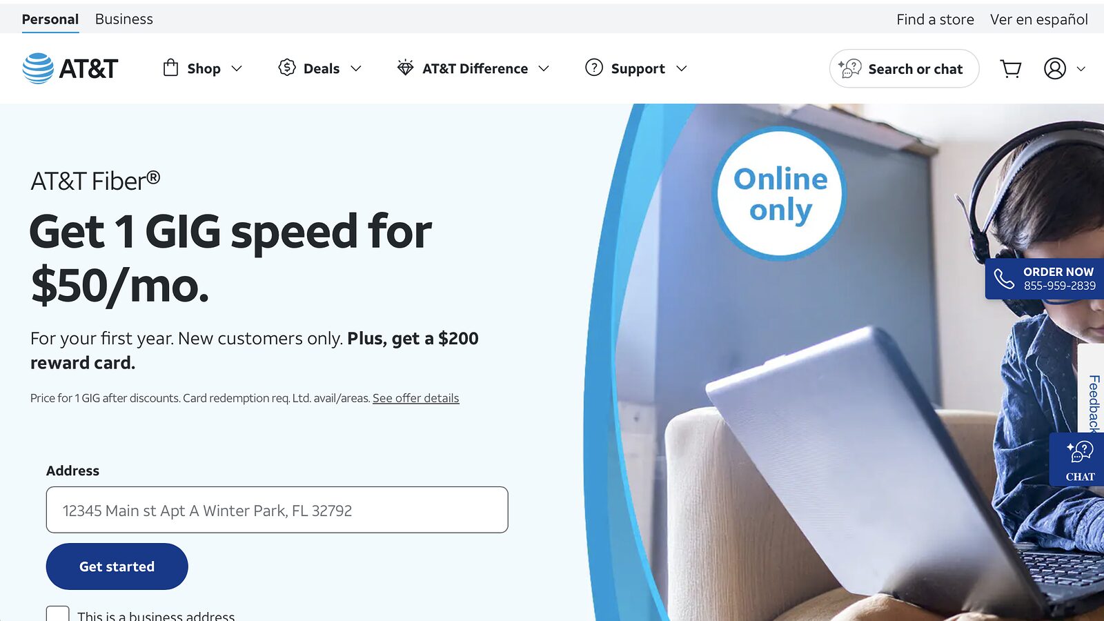 Homepage of the AT&T website