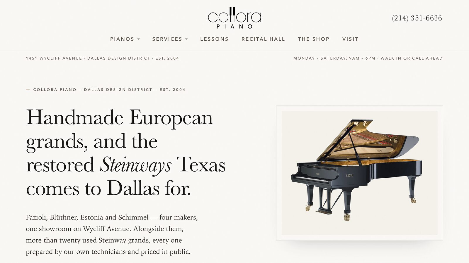Homepage of the Collora Piano website
