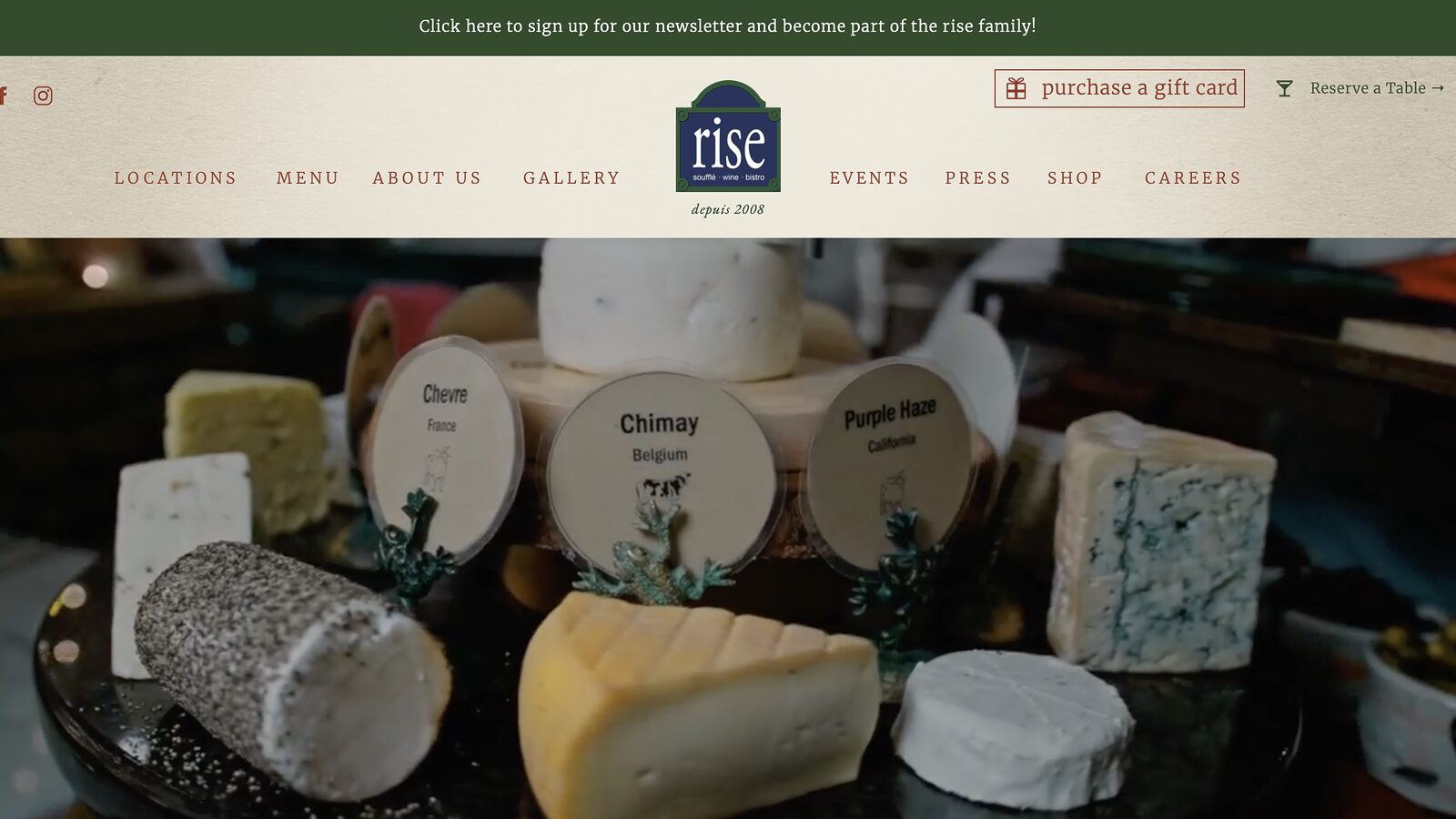Homepage of the Rise soufflé restaurant website