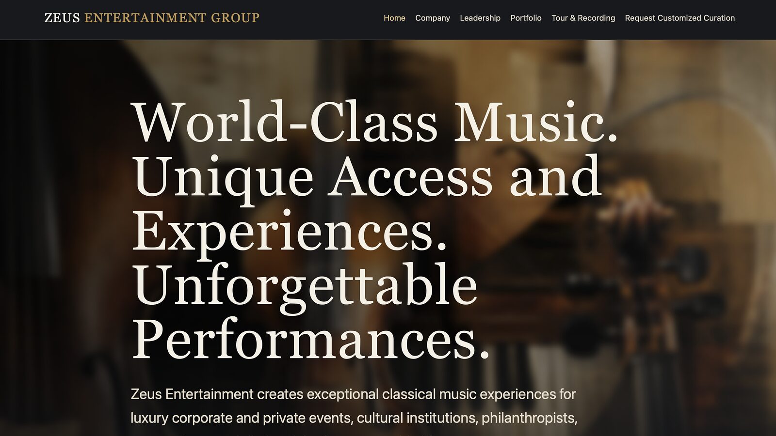 Homepage of the Zeus Entertainment website