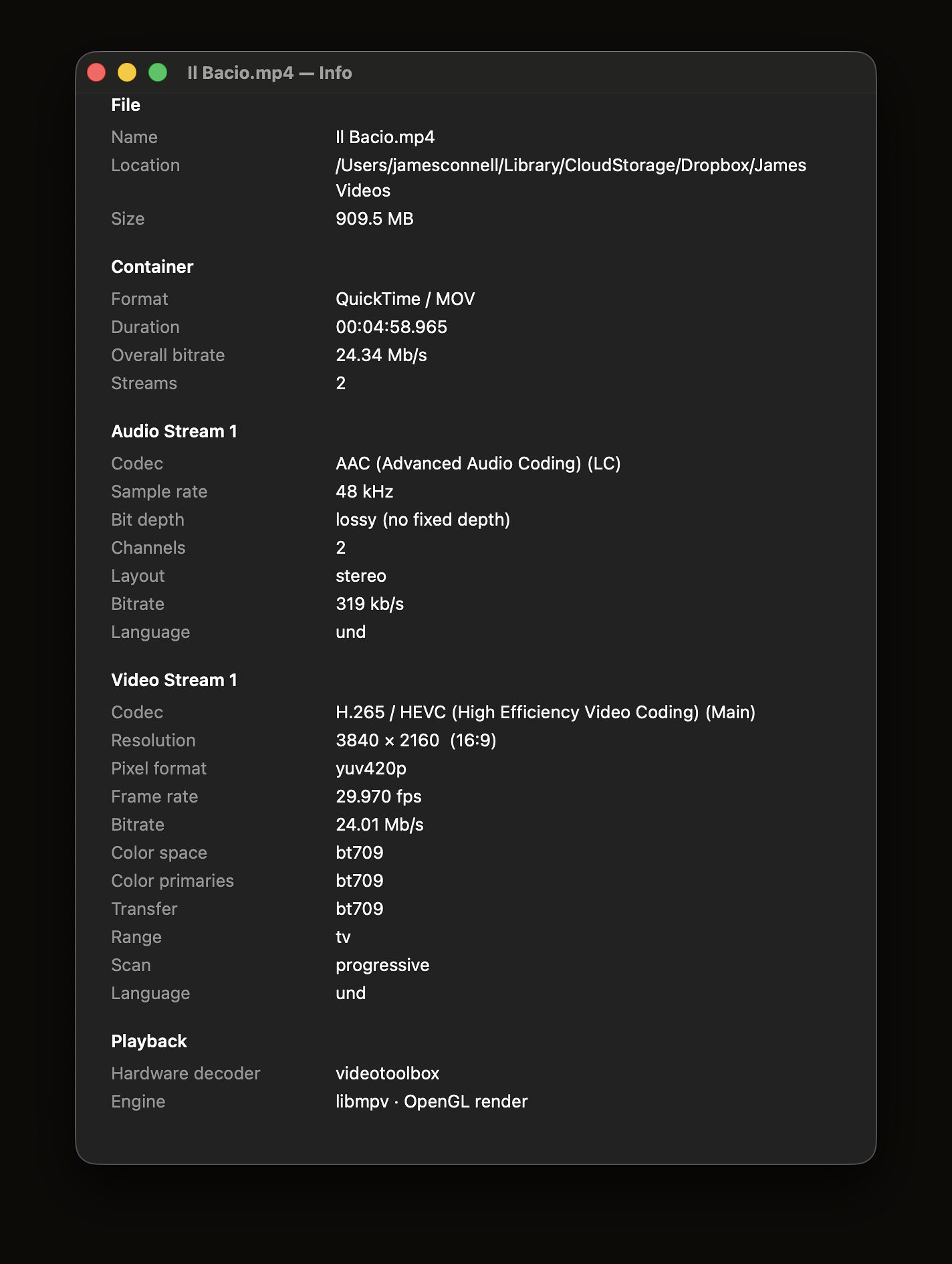 The Get Info panel listing container, video and audio details including codec, resolution, frame rate, bit depth and timecode